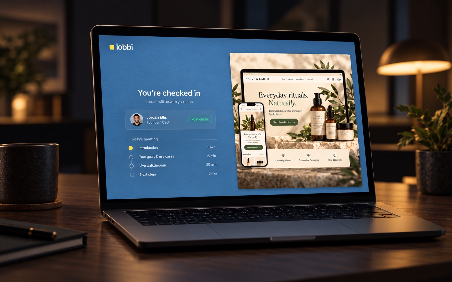 A Lobbi waiting room with a guest check-in, host introduction, and meeting agenda