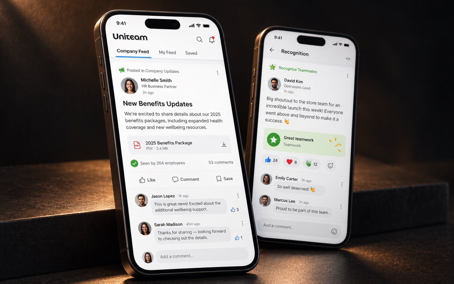 Uniteam mobile screens showing team updates and employee recognition